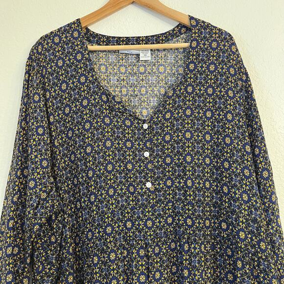 Vermont Country Store Midi Dress 3X Button Lightweight Geometric Blue Boho - Picture 2 of 11